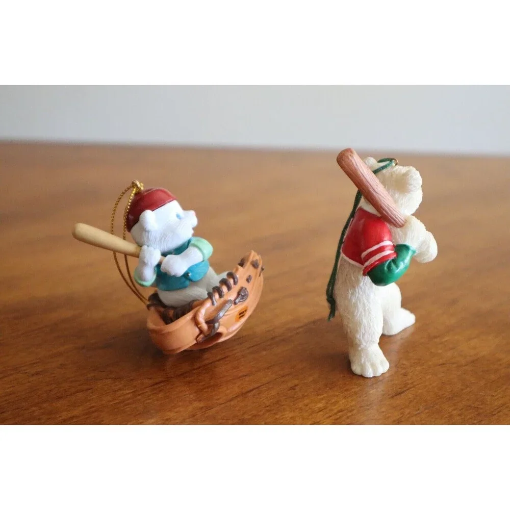 Lot 2x Baseball Bunny Rabbit Glove Bat Polar Bear Swinging Christmas Ornament